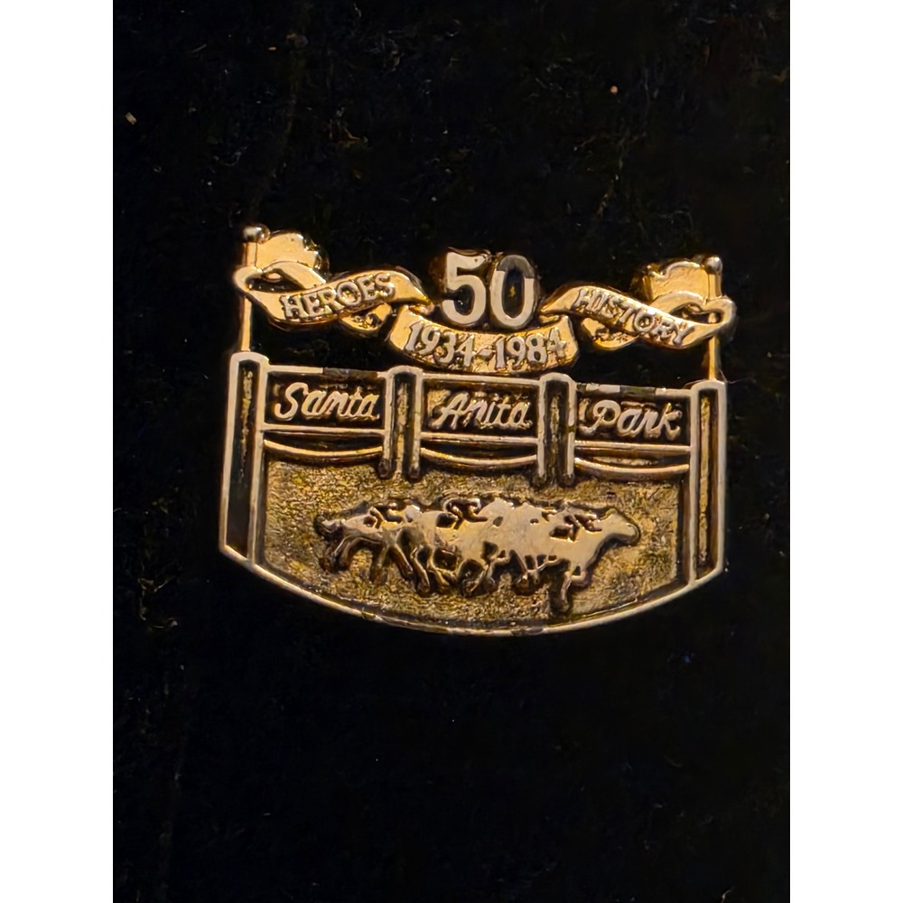 Vintage Santa Anita Park 50th Anniversary Pin 1934-1984 Heroes History Gold Tone